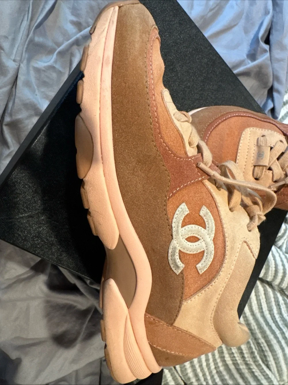 CHANEL Pink & Beige Suede Sneakers